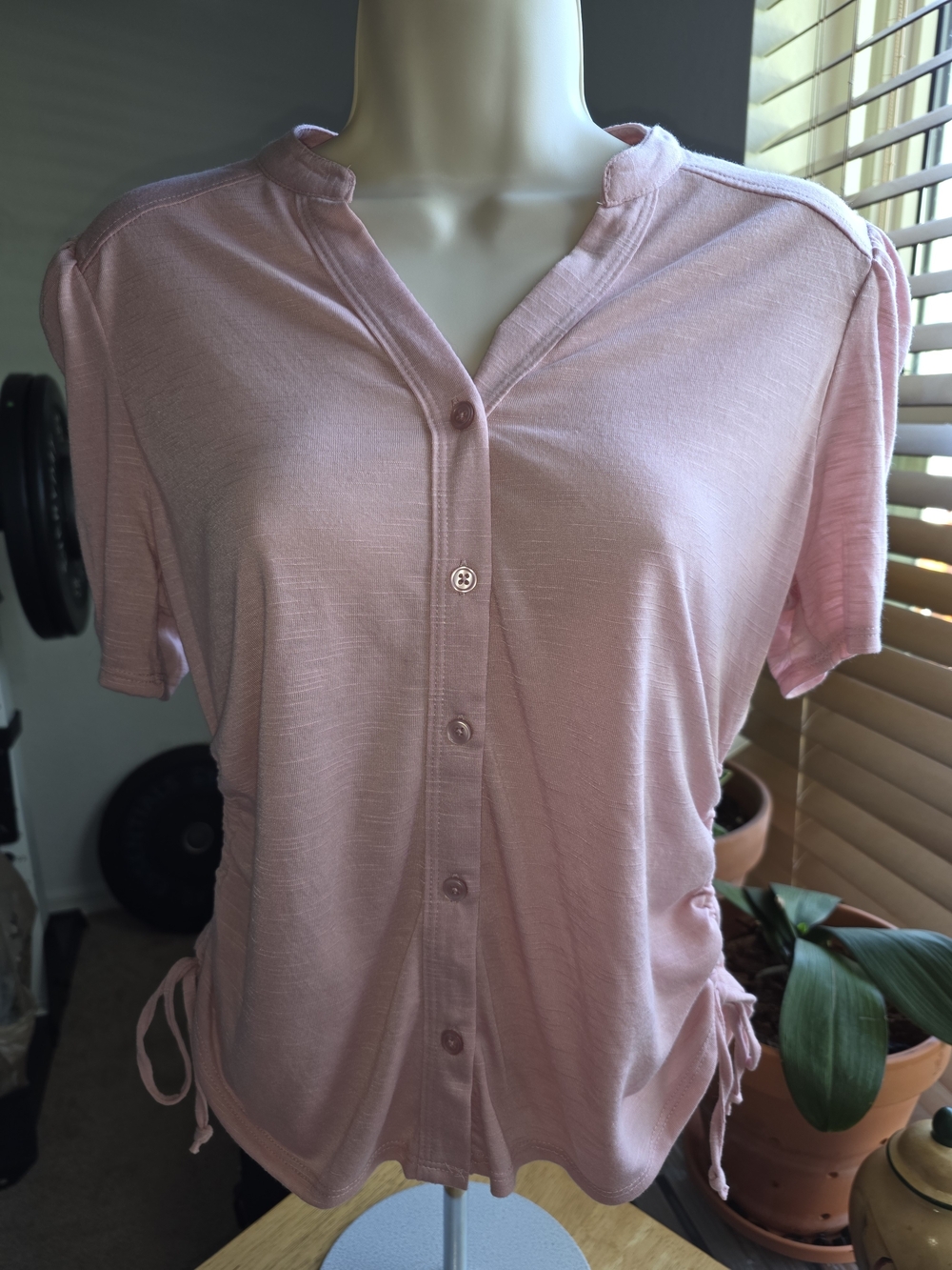 Button-Front Short Sleeve Top with Side Ties